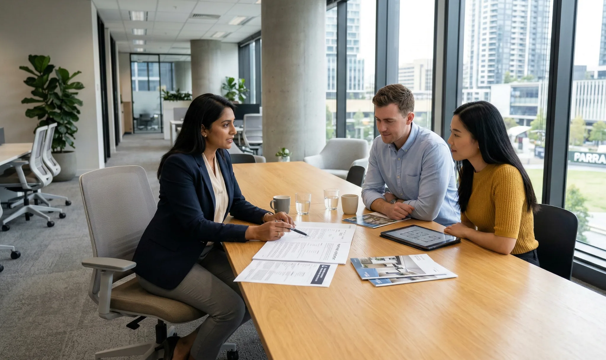 Real estate agent explaining property buying process to home buyers in a modern office setting in Parramatta